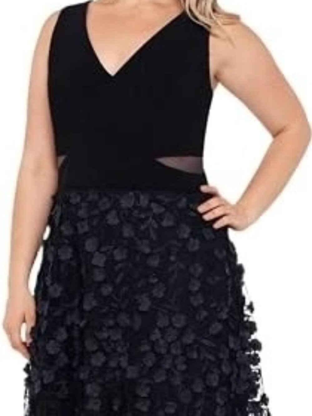 Xscape Black Mesh Cutout Flower Sleeveess Gown